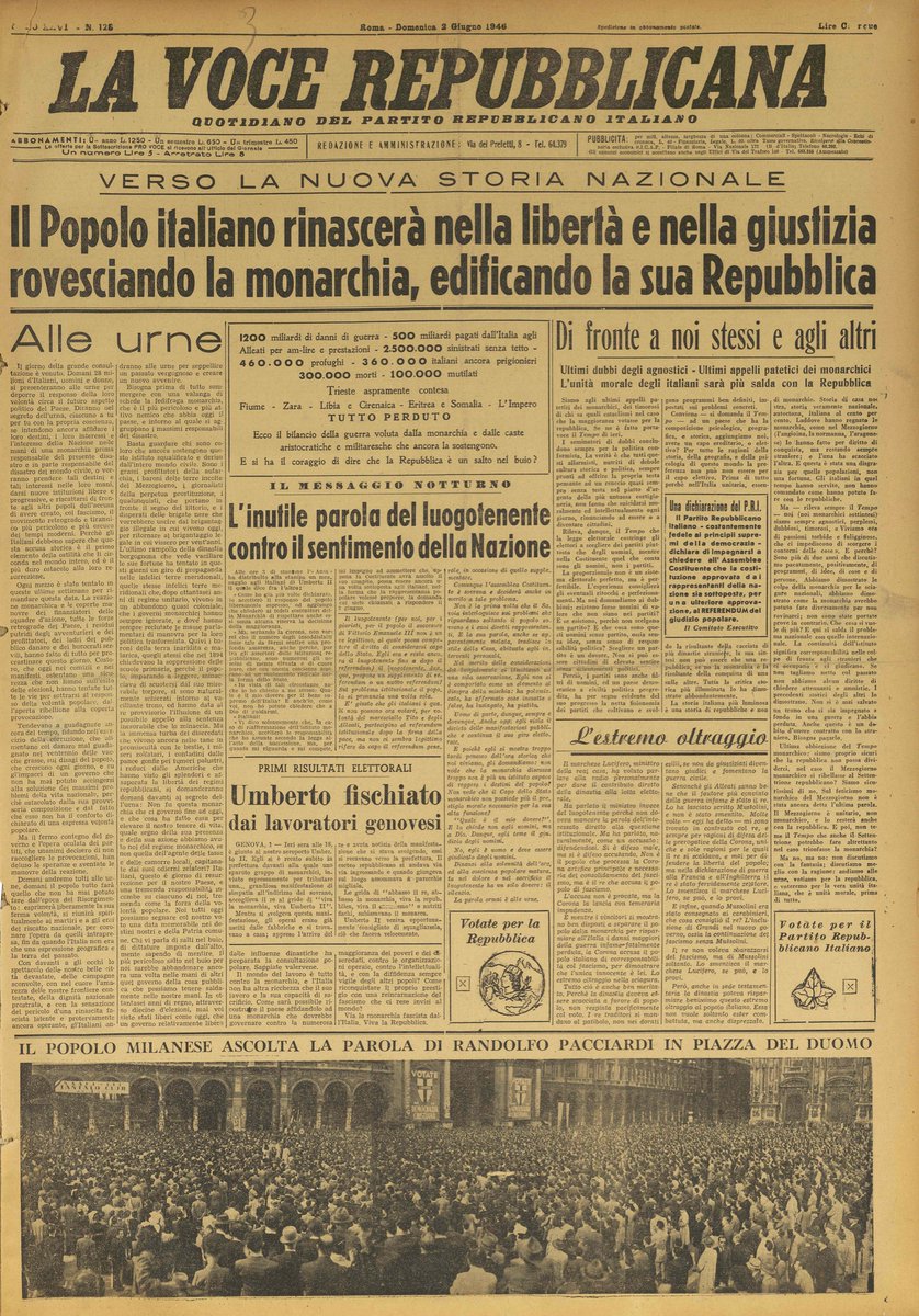 Montecitorio's tweet image. #2giugno 1946 – Italiani alle urne per scegliere tra Monarchia e Repubblica ed eleggere l'Assemblea Costituente.

La Repubblica otterrà il 54,27% dei voti, la Monarchia il 45,73%; alla Costituente si affermano i partiti di massa.

#FestadellaRepubblica 
#75Costituzione