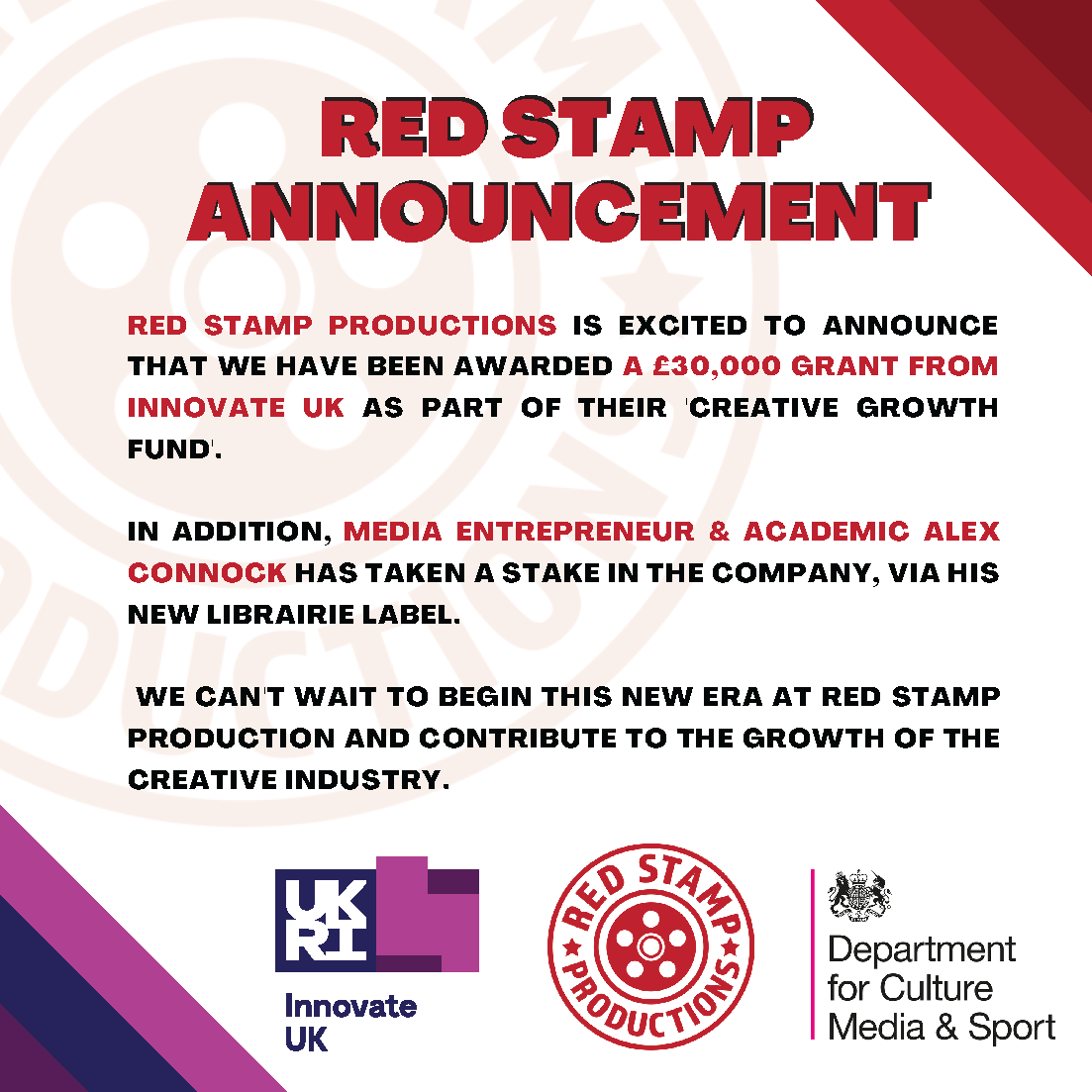 Exciting news! Red Stamp Productions receives £30k grant from Innovate UK to acquire cutting-edge equipment, fueling growth in the film and TV industry. Also we’re collaborating with  Alex Connock and his label Librairie to make new content. <a href="/innovateuk/">Innovate UK</a> @ukri_news #filmmaking