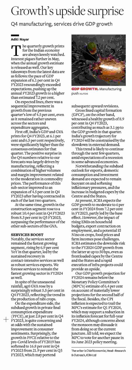 Aditi Nayar, Chief Economist & Head-Research & Outreach, ICRA writes for @businessline on the #GDP expansion of 6.1% in Q4 FY23 resoundingly exceeded expectations, pushing up the annual growth to a higher than estimated 7.2%.

Read: thehindubusinessline.com/opinion/growth…

#ICRAInNews #ICRAViews