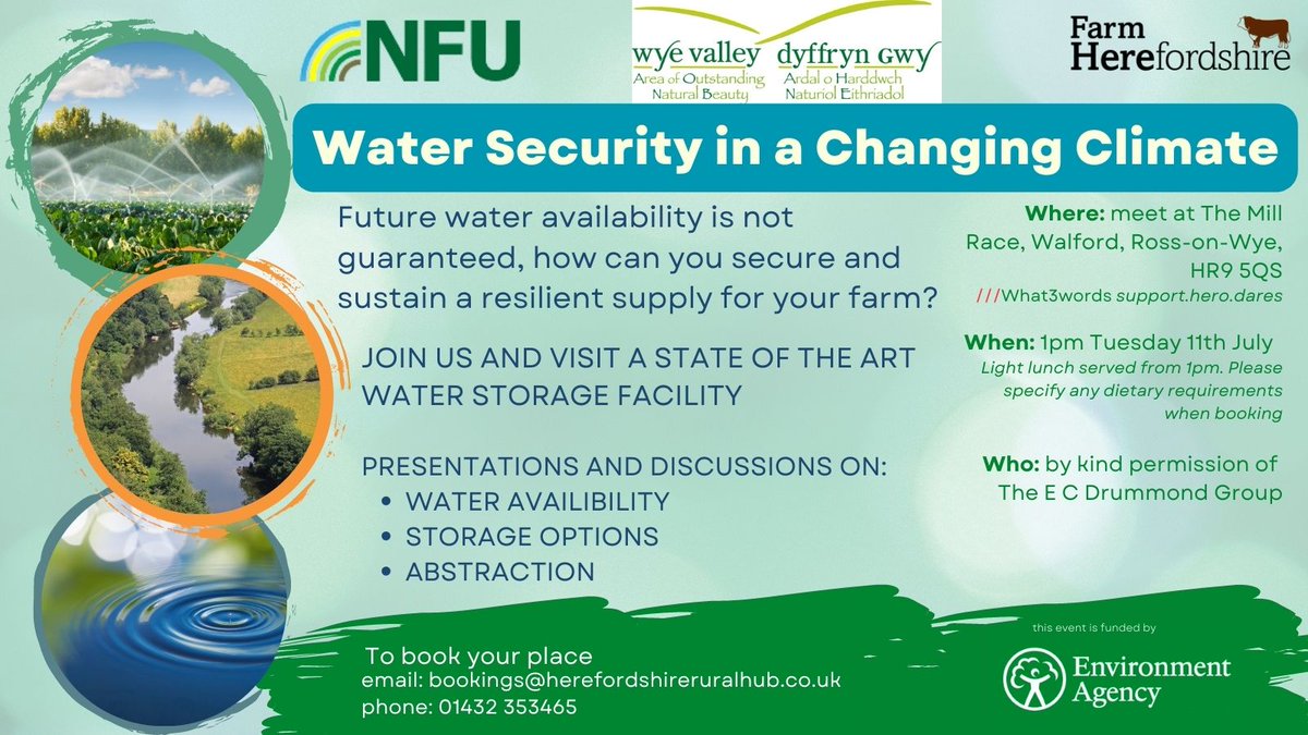 Farming in Herefordshire? Join us and visit State-of-the-Art Water Storage Facility, followed by presentations and discussions on Water availability, storage and abstraction. eventbrite.co.uk/e/water-securi… #Farming #Herefordshire @EnvAgencyMids @WyeBeauty @NFUHfds @Hfds_RuralHub