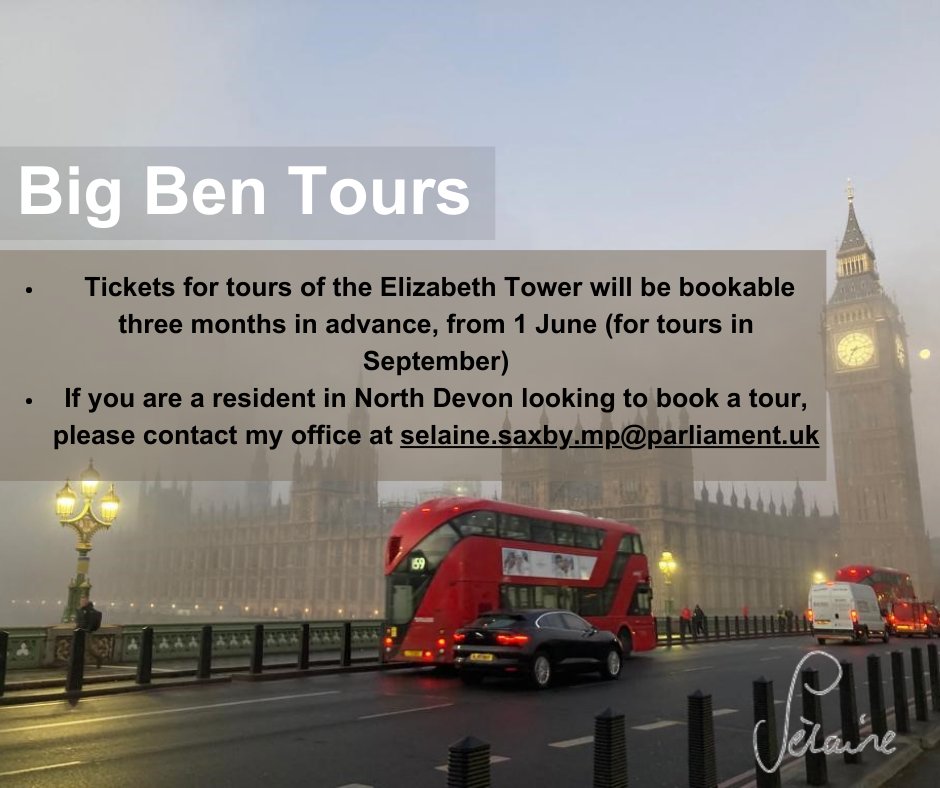 Residents of #NDevon, if you are interested in a tour of the newly restored Elizabeth Tower, please contact my office to arrange a booking for September at selaine.saxby.mp@parliament.uk