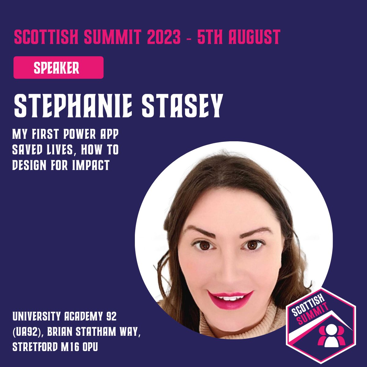 . <a href="/miss_powerapp/">Steph Stasey</a> will present 'My first Power App saved lives, how to design for impact' at #scottishsummit2023 on the 5th August in #manchester.

Stephanie built a Power App in the pandemic, and it has saved many lives in mental health waiting lists and triage. She will share