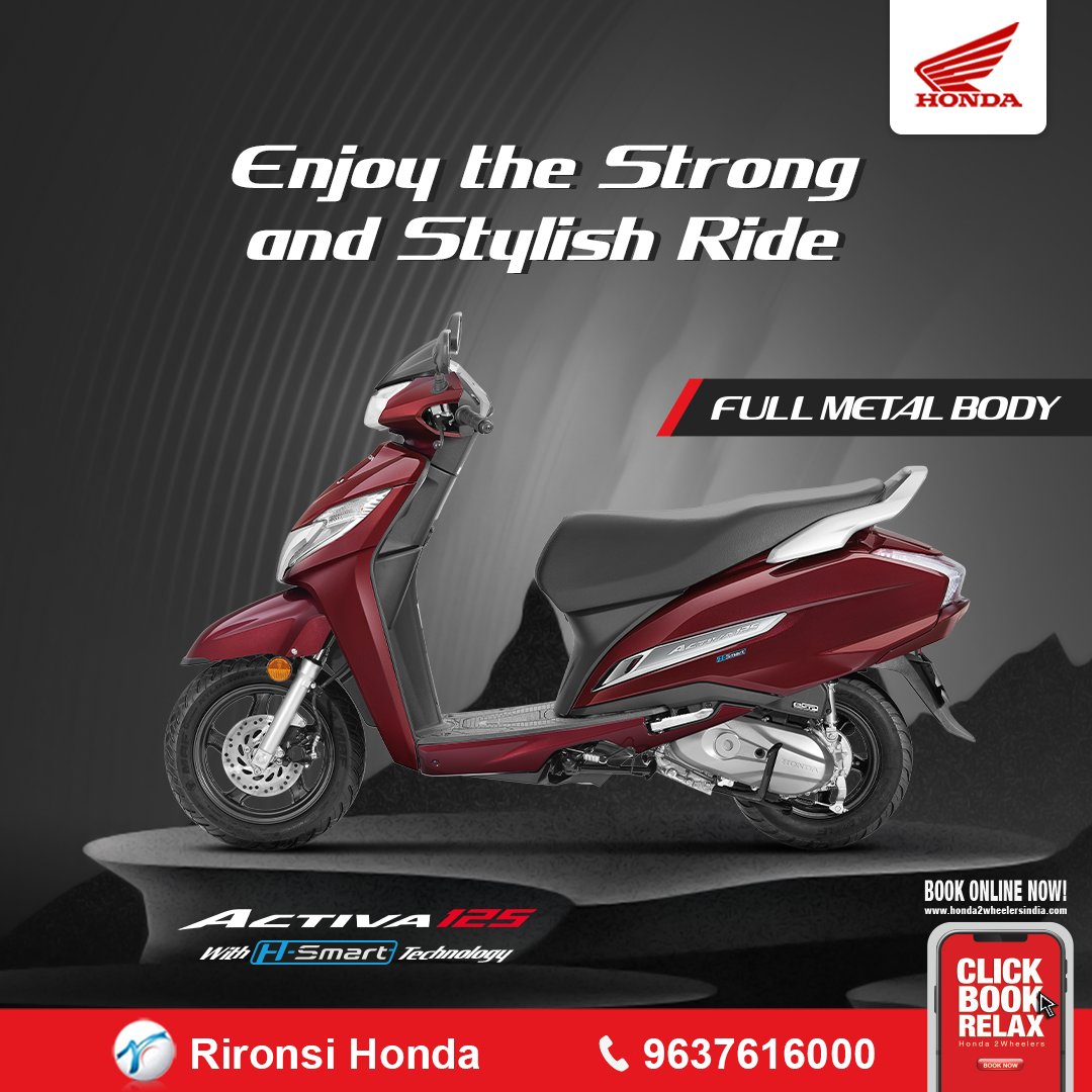 A full metal body complements the solid trust of the Activa 125.

~ Rironsi Honda, Ahmednagar
Contact:- +91 9637616000

#HondaActiva125 #Activa125 #ActivaHsmart #bikes #hondabikes #hondaindia #scooter #ride #hondalove #honda #ahmednagar #rahuri #rironsihonda