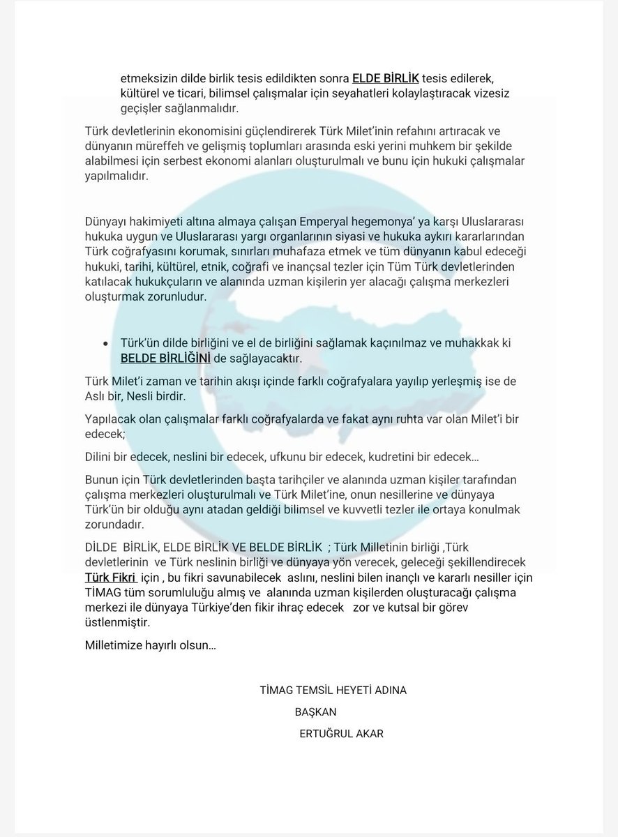 TİMAG , Türk İslam medeniyeti ve bu medeniyet'in kök saldığı coğrafyalar'ın ortak dil ,ortak ekonomi,ortak coğrafya hayalini  Dilde,Elde ve Belde birlik ülküsü ile gerçekleştirmek için kutlu bir yol 'a çıkmıştır ...
<a href="/RTErdogan/">Recep Tayyip Erdoğan</a> 
<a href="/BY/">Binali Yıldırım</a> <a href="/TURKDEVLETBRLG/">TÜRK DEVLETLER BİRLİĞİ</a>