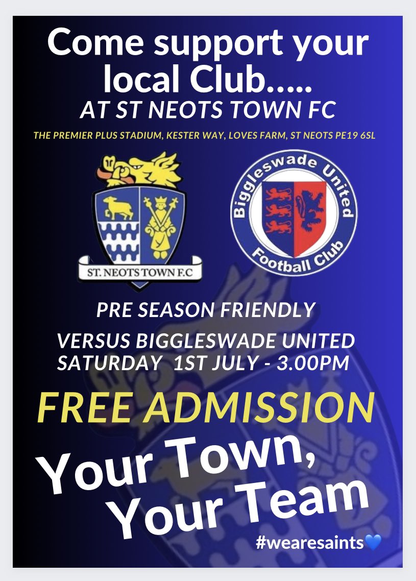 Don’t forget that our first pre season friendly at the Premier Plus Stadium versus @Biggleswadeutd on 1/7 has FREE ADMISSION FOR ALL So come along and get your first glimpse of @cameron2mawerand @GeorgeThorne34 new look Saints Team #seeyouthere #wearesaints💙