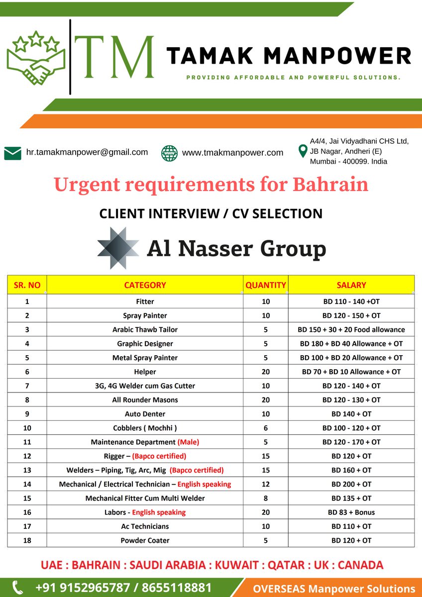 Urgently Required for Bahrain #bahrain #tmakmanpower #recruitment #bahrainjobs #jobhiring #jobfinder #engineers #recruitment #careers #nowhiring #recruitmentjobs #recruitmentagency #recruitmentconsultants #recruitmentspecialist #recruitmentagencies #hrconsulting #hrconsultant