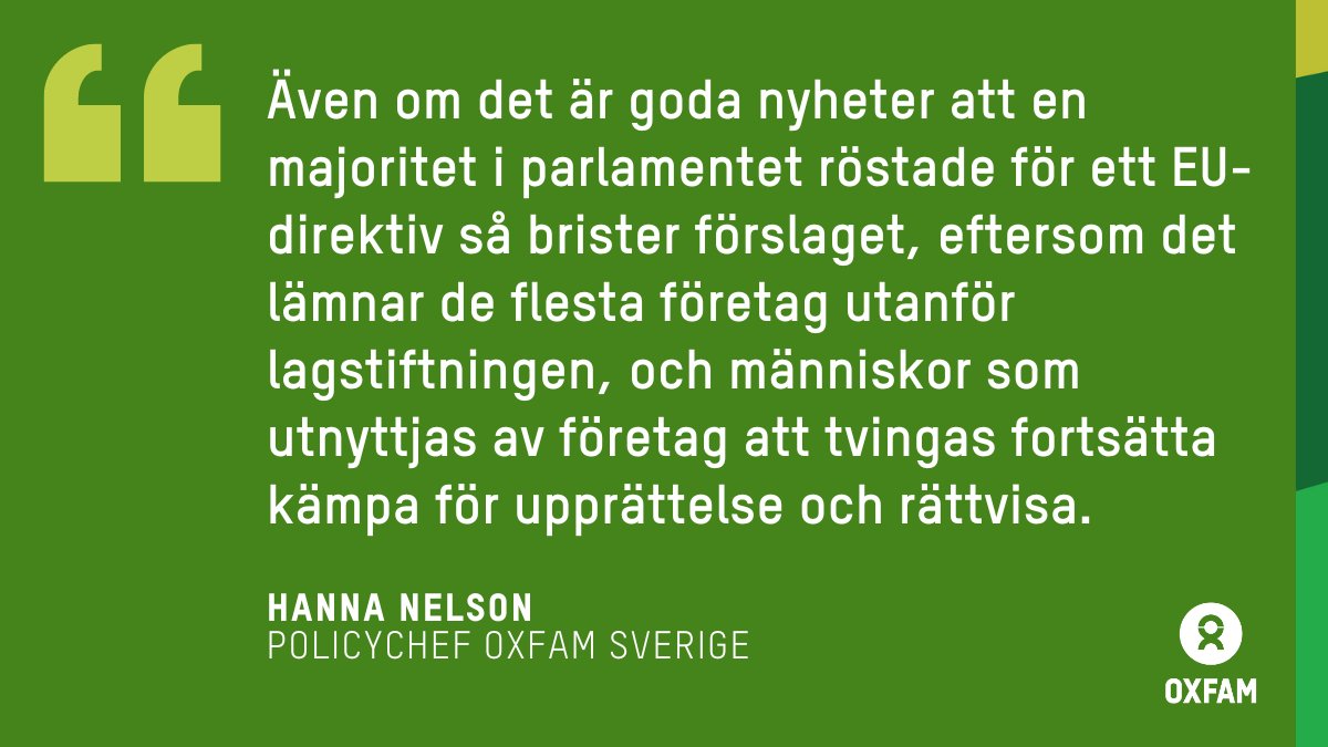OxfamSverige's tweet image. 📢BREAKING: EU-parlamentet har röstat JA till nya regler för företag om #mänskligarättigheter och #miljö🎉 

Men förslaget har ändå stora brister. Läs vår kommentar⬇️
oxfam.se/pressrum/#/pre… 

#CSDD #BizHumanRights