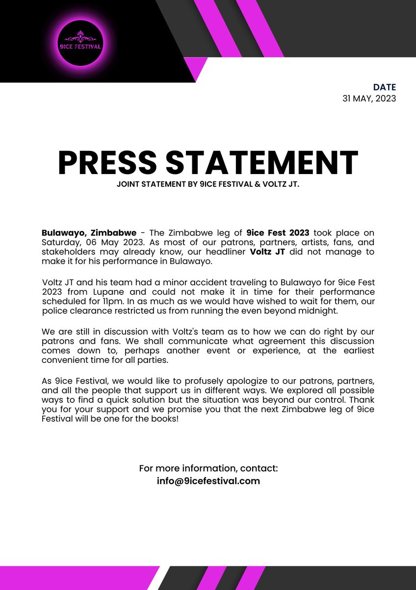 Official joint statement by 9ice Festival and Voltz JT regarding the Zim leg of #9iceFest2023 in Bulawayo on May 6.