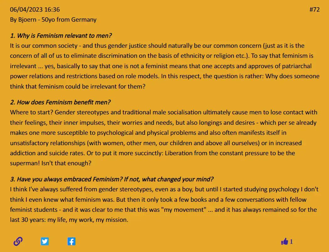 This fatastic entry has been created back in April. We're a bit behind here, but you got to check it out. 

"Why does someone think that Feminism could be irrelevant to them?"

buff.ly/3ONGeb3 

#MenTalkFeminism 
#Feminism #profeminist
#FeminismIsForEverybody
#men