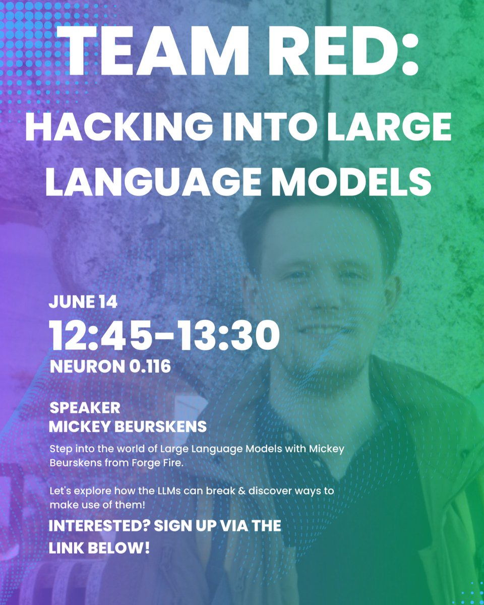 serpentine_ai's tweet image. Curious about hacking into LLMs? Join Team Red and learn how language models break!

📅 June 14, 2023
⏰ 12:45-13:30
📍 Neuron 0.116

Don't miss this unique opportunity!
👉 forms.gle/XeTbSCnVvB44LF… 👈

#largelanguagemodels #serpentine #forgefire #teamred #tueindhoven