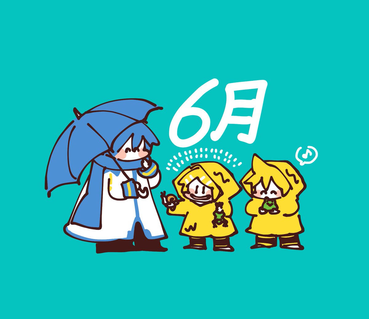 kagamine len ,kagamine rin ,kaito (vocaloid) raincoat multiple boys blue hair musical note umbrella blonde hair scarf  illustration images