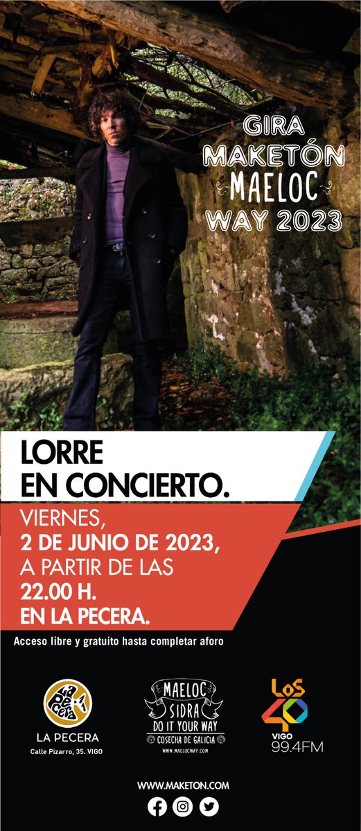 La Gira #MaketónMaelocWay2023 con LORRE protagonizando otro de los conciertos integrados en la Gira MAKETÓN MAELOC WAY este viernes 2 de Junio´23 en <a href="/peceravigo/">La Pecera</a> con <a href="/maelocway/">maelocway</a>  y <a href="/40Galicia/">Los40Galicia</a> > maketon.com/lorre-protagon…
