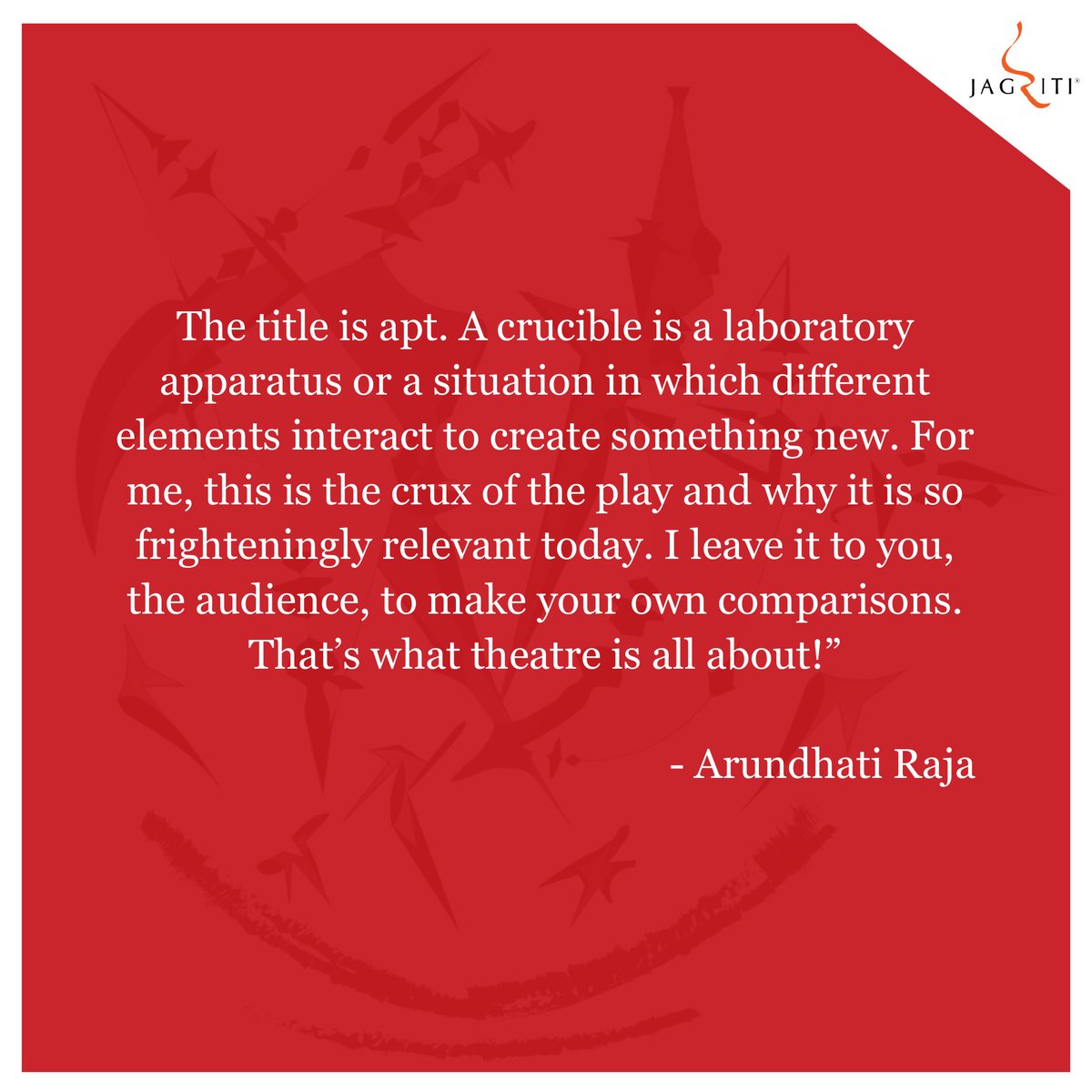 Jagriti presents a rehearsed reading of Arthur Miller's The Crucible, directed by Arundhati Raja. On for one show only at Jagriti Theatre!

Get your tickets now ! 

in.bookmyshow.com/plays/the-cruc…

#rehearsedreading #theatre #englishtheatre  #playreading #events #weekend  #arthurmiller