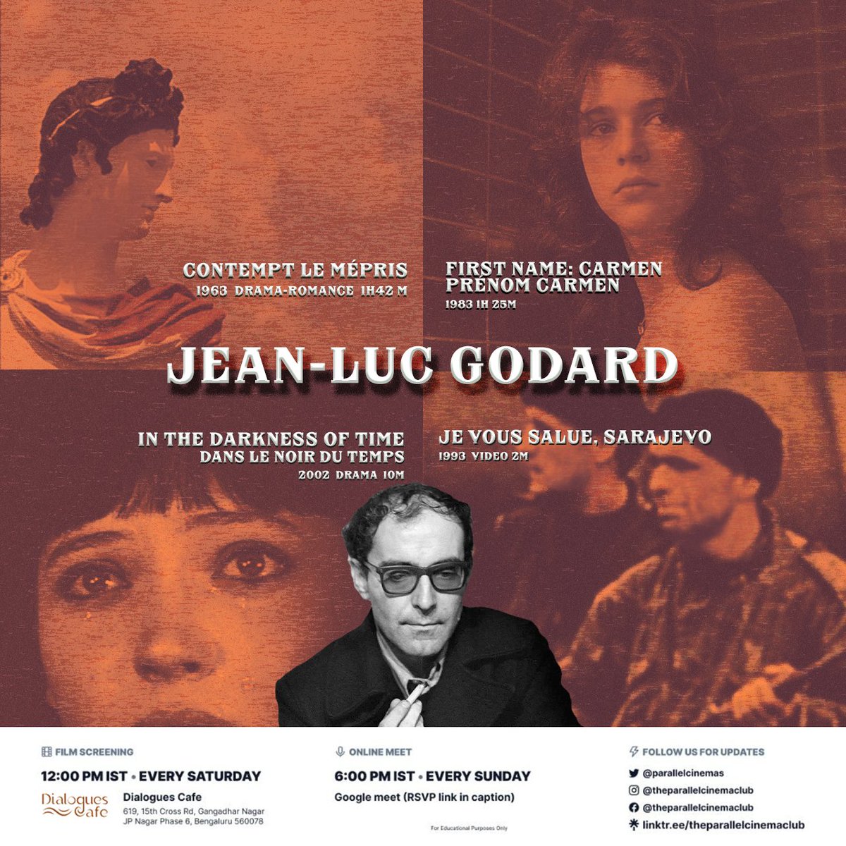 THE FRENCH NEW WAVE

'Contempt' 'First name Carmen' 'In the darkness of time' 'Hail Sarajevo', Sat, 3 JUN, Dialogues, JP Nagar

RSVP Link in Bio

#frenchnewwave #jeanlucgodard #claudechabrol #jacquesrivette #ericrohmer #cahiersducinema #frenchcinema #bangalore #franciostruffaut