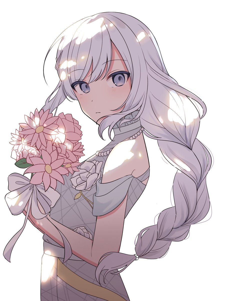 1girl flower solo bouquet braid long hair dress  illustration images