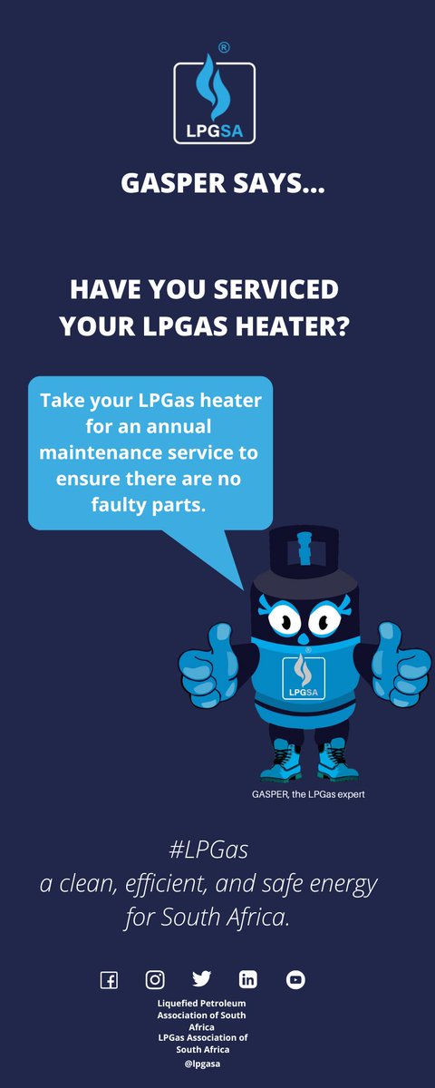 LPGASA's tweet photo. Gasper advises you to take your LPG Heater to the nearest LPG Dealer for a lil "check-up" before you use it.
#LPG #SpaceHeating #Loadshedding #LPGSA #Winter #SouthAfrica #Heater https://t.co/RziSBMKPGc