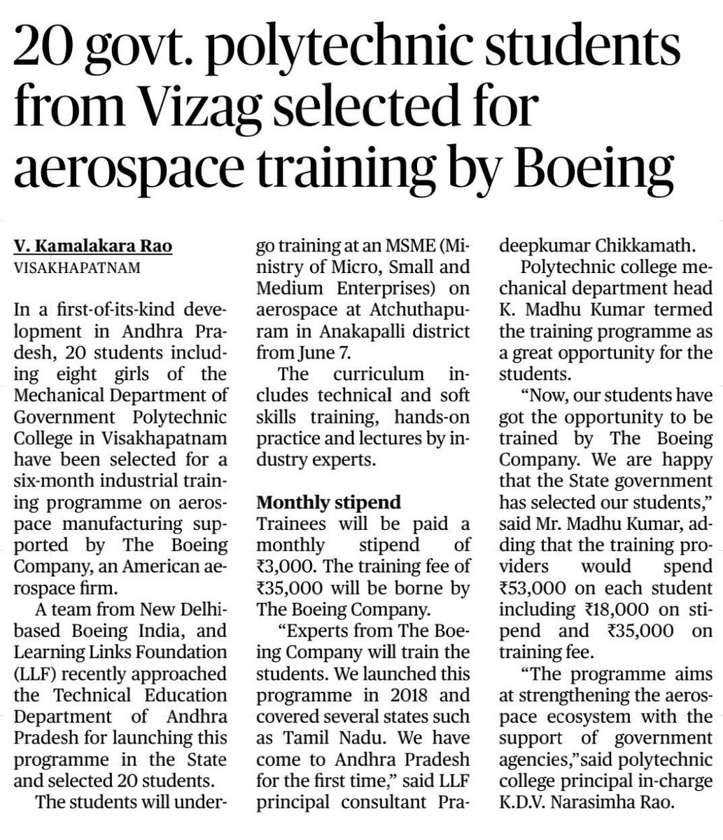 A group of 20 students from the Mechanical Department of Government Polytechnic College in Visakhapatnam have been selected for a six-month industrial training program on aerospace manufacturing at Boeing.

#AndhraPradesh #AdvantageAP