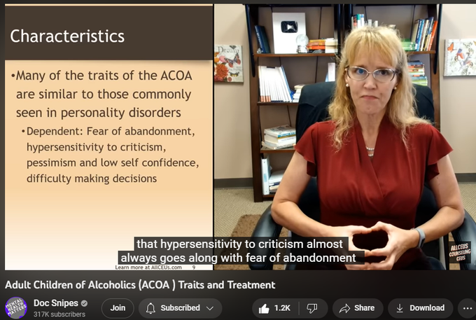 38,053 views Premiered on 4 Aug 2022 Recent Uploads with Tips for Improving Mental Health
Adult Children of Alcoholic Parents #ACOA Traits and Treatment #cptsd #innerchild #abandonment #alcoholicsanonymous #alcoholic
📢SUBSCRIBE and click the BELL to get notified when new videos are uploaded.
💲 AllCEUs.com Unlimited continuing education CEUs $59
💻 Online course based on this video can be found at AllCEUs.com/ACOA-CEU
⭐ Specialty Certificate Programs for Case Management and Counselor Certification beginning at $89 https://AllCEUs.com/certificate-tracks
Join this channel to get access to perks:
/ @docsnipes
NOTE: ALL VIDEOS are for educational purposes only and are NOT a replacement for medical advice or counseling from a licensed professional.
“Alcohol-Specific Coping Styles of Adult Children of Individuals with Alcohol Use Disorders and Associations with Psychosocial Functioning.” Alcohol and Alcoholism (Oxford, Oxfordshire) 50, no. 4 (July 2015): 463–69. https://doi