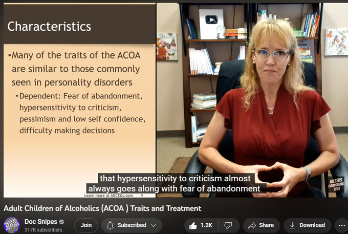 38,053 views  Premiered on 4 Aug 2022  Recent Uploads with Tips for Improving Mental Health
Adult Children of Alcoholic Parents #ACOA Traits and Treatment #cptsd #innerchild #abandonment #alcoholicsanonymous  #alcoholic
📢SUBSCRIBE and click the BELL to get notified when new videos are uploaded. 
💲 AllCEUs.com Unlimited continuing education CEUs $59 
💻 Online course based on this video can be found at AllCEUs.com/ACOA-CEU
⭐ Specialty Certificate Programs for Case Management and Counselor Certification beginning at $89 https://AllCEUs.com/certificate-tracks

Join this channel to get access to perks:
  

 / @docsnipes  

NOTE:  ALL VIDEOS are for educational purposes only and are NOT a replacement for medical advice or counseling from a licensed professional.

 “Alcohol-Specific Coping Styles of Adult Children of Individuals with Alcohol Use Disorders and Associations with Psychosocial Functioning.” Alcohol and Alcoholism (Oxford, Oxfordshire) 50, no. 4 (July 2015): 463–69. https://doi