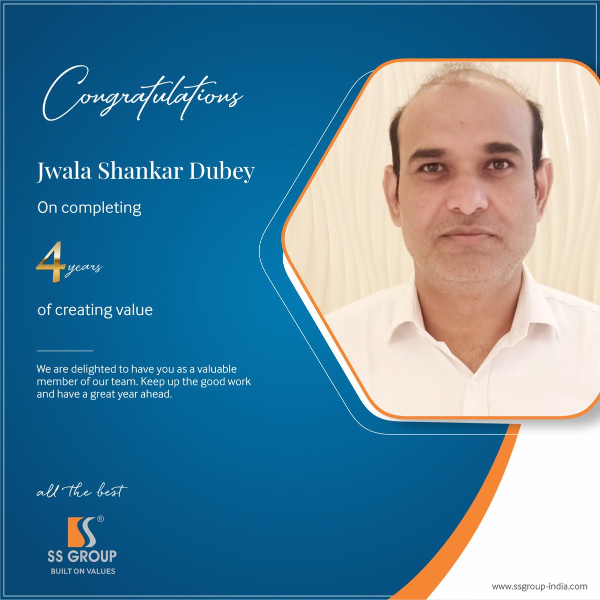This Day, That Year..!!

Congratulations Jwala Shankar Dubey on your 4th Work Anniversary! We appreciate all these years of #dedication, #hardwork, & #commitment.
We wish you all the best & look forward to see your continued #success with us.

#SSGroup #workanniversary #workplace