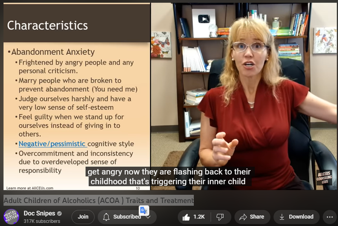 38,053 views  Premiered on 4 Aug 2022  Recent Uploads with Tips for Improving Mental Health
Adult Children of Alcoholic Parents #ACOA Traits and Treatment #cptsd #innerchild #abandonment #alcoholicsanonymous  #alcoholic
📢SUBSCRIBE and click the BELL to get notified when new videos are uploaded. 
💲 AllCEUs.com Unlimited continuing education CEUs $59 
💻 Online course based on this video can be found at AllCEUs.com/ACOA-CEU
⭐ Specialty Certificate Programs for Case Management and Counselor Certification beginning at $89 https://AllCEUs.com/certificate-tracks

Join this channel to get access to perks:
  

 / @docsnipes  

NOTE:  ALL VIDEOS are for educational purposes only and are NOT a replacement for medical advice or counseling from a licensed professional.

 “Alcohol-Specific Coping Styles of Adult Children of Individuals with Alcohol Use Disorders and Associations with Psychosocial Functioning.” Alcohol and Alcoholism (Oxford, Oxfordshire) 50, no. 4 (July 2015): 463–69. https://doi