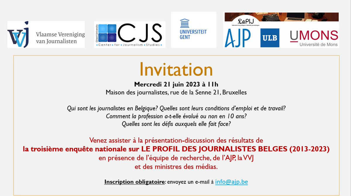 L'<a href="/ajpjournalistes/">Association des Journalistes Professionnels</a> et le <a href="/LaPIJ_ULB/">LaPIJ</a> présentent les résultats de l'enquête nationale sur le profil des journalistes belges.

📅 Mercredi 21 juin, à 11h
🔗 Inscription : info@ajp.be