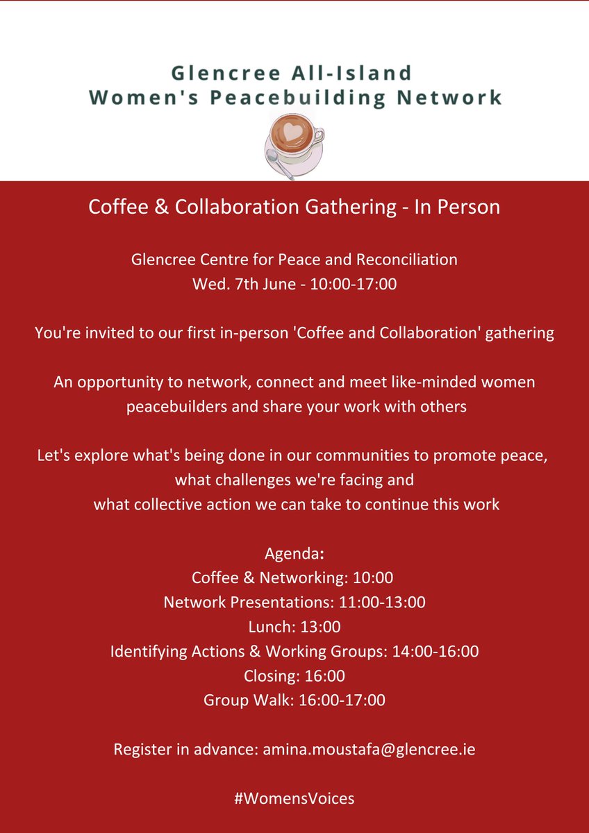 Our All-Island's Women's Peacebuilding Network are delighted to invite you to attend our 1st in-person Coffee & Collaboration meeting next Wed. 7th June from 10am-5pm at Glencree.☕💜Don't forget your spf!
Advance registration essential:👉amina.moustafa@glencree.ie 
#WomensVoices