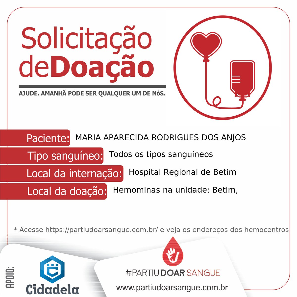 Hoje é a Maria. Amanhã pode ser qualquer um de nós.

Doações na Fundação Hemominas

#Partiudoarsangue #doesangue #doevida #WeMakeDigitalHealth