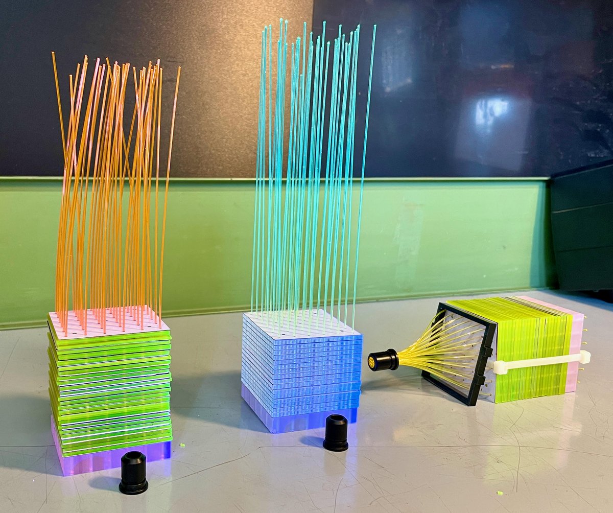 These scintillator tiles are candidates for the new calorimeter of the HIKE experiment. The blue tiles are an improved version of the plastic scintillators already used in NA62. The yellow-green tiles are crystals made from perovskite “quantum dots” just 10 nanometers in size!