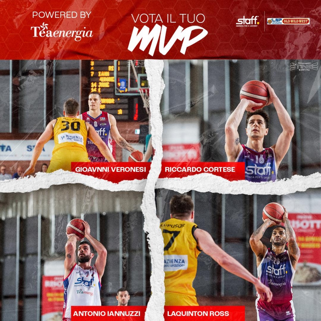 Scegli l'MVP (Powered by @gruppo_tea) degli Stings dI gara 2 contro 
San Severo!

✒️ Commenta con il nome del tuo preferito!
⭐ Giovanni Veroneis
⭐ Riccardo Cortese
⭐ Antonio Iannuzzi
⭐ Laquinton Ross

#goStings #LNP #LaNostraPassione #NoiSiamoMantova
@lnpsocial @staff_Spa