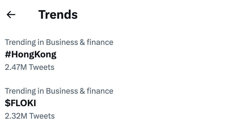 FLOKI's tweet photo. $FLOKI is in the spotlight again today, trending on Twitter with 2.3 million tweets -- alongside #HongKong the same day they legalized crypto. 🇨🇳 🔥

Is Twitter aware of Floki's China narrative? 🤔 https://t.co/YKBTpNucie