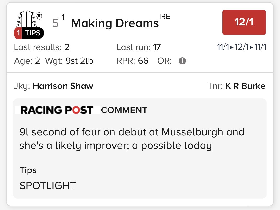 One ride today @RiponRaces #MakingDreams runs in the 1st race at 2.20pm the very best of luck to the team @karl_burke and owners @NBradleyRacing #HS 🤞🤞🐎🍀🍀