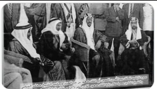 صورة نادرة من أرشيف <a href="/MISHALALSAUD19/">مشعل بن محمد بن سعود بن عبدالعزيز</a> أثناء زيارة الملك الراحل سعود بن عبدالعزيز للأردن ويبدوا الملك الراحل عبدالله بن الحسين ومخلد الذيابي ( والد الفنان مطلق الذيابي وجد الزميل سعود الذيابي على يمين الملك سعود ) ونشا بن محيا عام 1934م