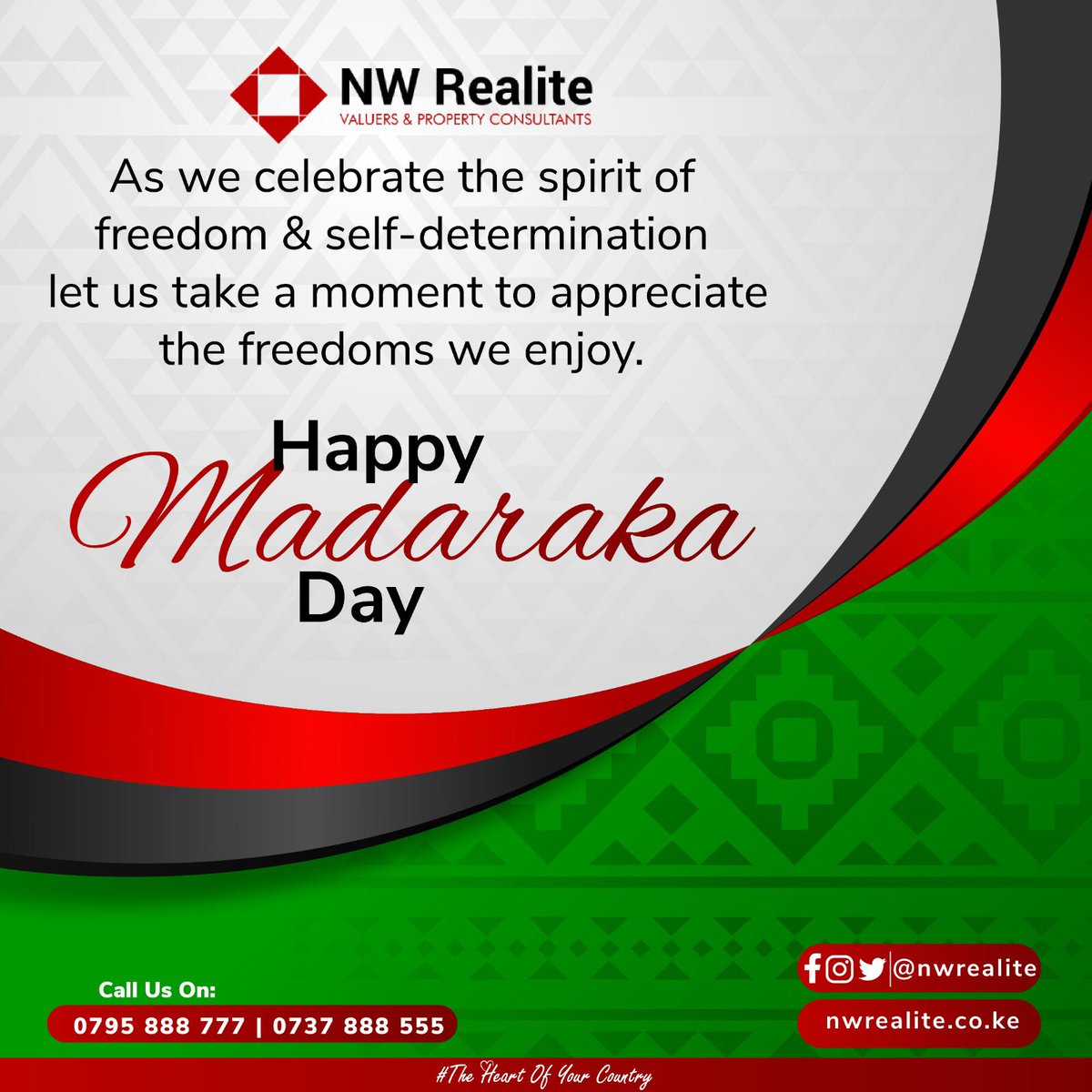 Wishing  you a happy  Madaraka day

We recognize the efforts our heros did and it’s in that regards we enjoy the freedom of innovation, technology and economic growth. 
#happymadaraka #realestate #growth #NWRealite