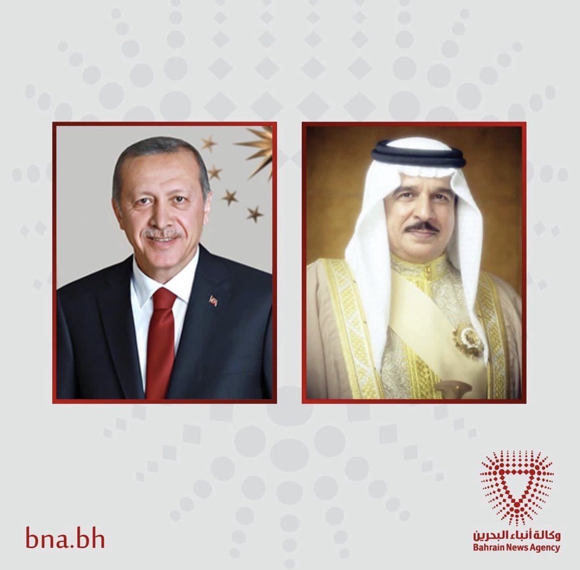 Bahreyn Kralı Hamad bin Isa Al Khalifa, Sayın Cumhurbaşkanımızı arayarak göreve yeniden seçilmeleri vesilesiyle tebrik dileklerini iletmiştir.

bna.bh/en/HMKingcongr…