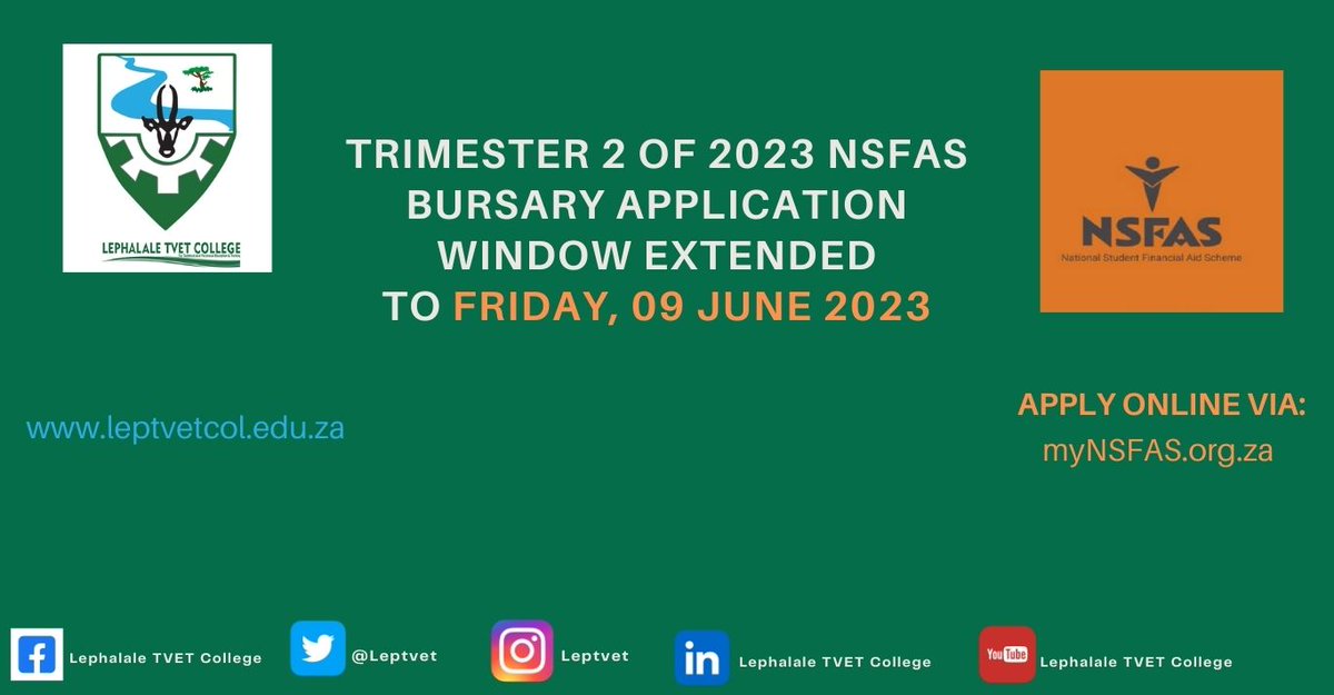 LephalaleTVET's tweet photo. Hey LepTVET fam!

Trimester 2 of 2023 (T223) @myNSFAS  (NSFAS) Bursary Applications Window Period is Extended to 09 June 2023. Don't miss this opportunity to get your studies funded.
Apply here https://t.co/AIii2iQPli
#MyLepTVET #NSFAS #NSFASapplication https://t.co/5VB2Nb5jRR