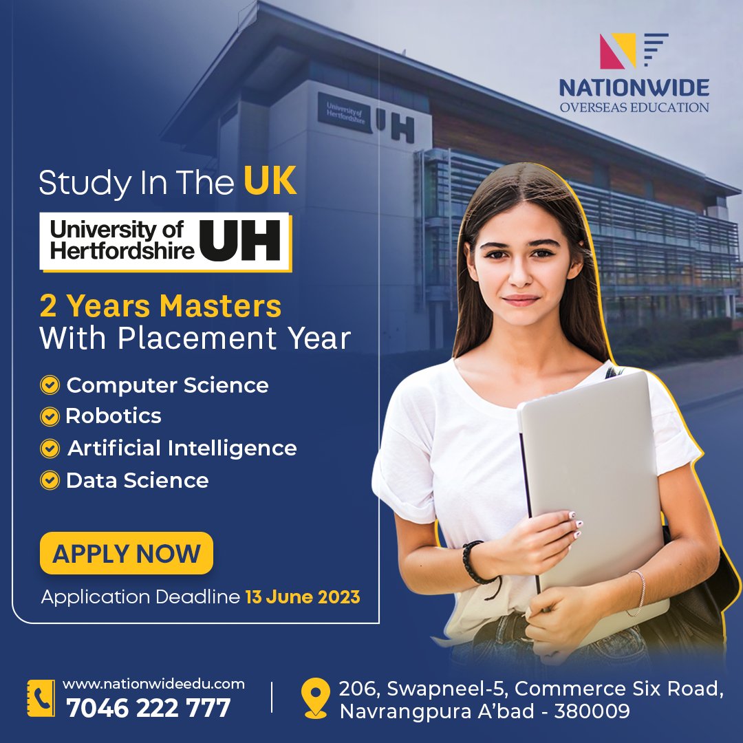 Nationwide_Edu's tweet photo. Study in the #UK! Apply to the #UniversityofHertfordshire for a two-year Master's Degree in Robotics, Data Science, Computer Science, and Artificial Intelligence. Deadline: 13 June 2023!

🌐: https://t.co/eMo1puJTLh

#Nationwide #VisaConsultant #Overseaseducation #Ahmedabad https://t.co/F3PKgrtRCG