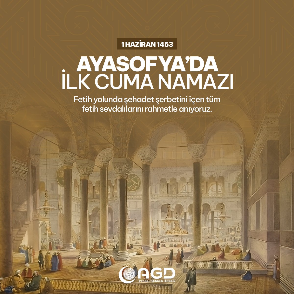 Peygamberimizin(sav) müjdesine mazhar olan Fatih Sultan Mehmet, 1 Haziran 1453'te Ayasofya'da ilk cuma namazını fetih ordusuyla beraber kıldı.  Fetih yolunda şehadet şerbetini içen tüm fetih sevdalılarını rahmetle anıyoruz. 

#AhlakveManeviyat