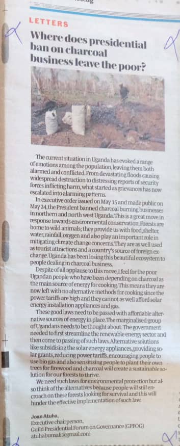 Our Executive Chairperson @AtuhaJoan explains in @DailyMonitor why the Charcoal ban by HE @KagutaMuseveni can only be effective if other alternative renewable sources of energy are subsidised. @AfiegoUg @IUCNNL @MEMD_Uganda