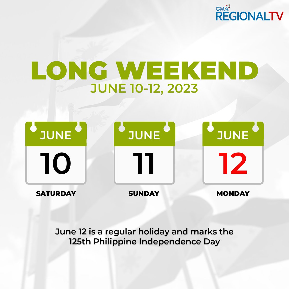 ADVISORY I NEWS UPDATE: Mark your calendars, mga Kapuso!

There is an upcoming long weekend this June as the country marks the 125th Philippine Independence Day on Monday, June 12, 2023.

#GMARegionalTV
#LocalNewsMatters
#GMAIntegratedNews