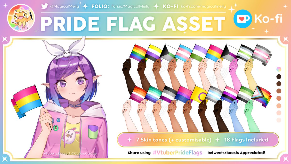 Happy Pride Month! I've updated my free Vtuber Pride flag assets, available on my Ko-fi. Use #VtuberPrideFlags to share if you use them! 💛7 Default skin tones (+editable) 🌈Flag Only + Lineless arms available 💛RTs Appreciated 🌈DL Link in thread ⬇️ #Vtuber #VtuberAssets