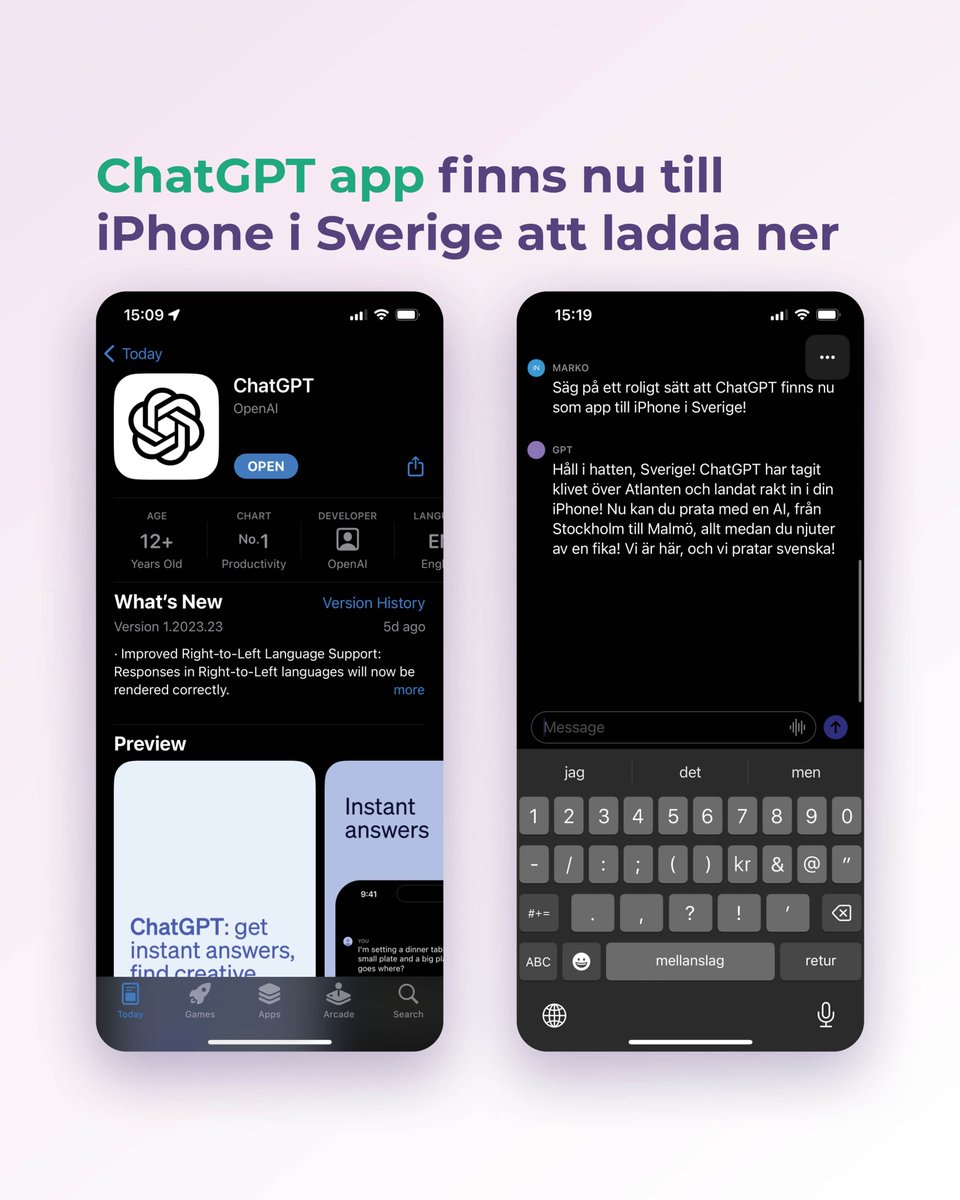 CGPTutbildning's tweet image. Officiella ChatGPT appen har nu kommit till iPhone i Sverige!📱

#ChatGPT #chatgptapp #chatgptsverige #gpt4