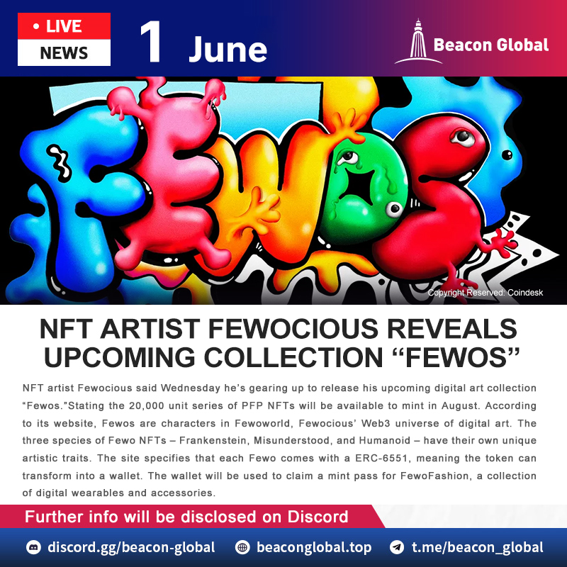 0xbeaconglobal's tweet photo. #LiveNews #Trending #news #BREAKING_NEWS
๐บยซ NFT Artist Fewocious Reveals Upcoming Collection โFewosโ ยป
๐ Venue: https://t.co/GERZrQBwyZ
#Fewos #ERC6551 #NFT #NFTs #Web3 #Metaverse #GameFi #Crypto #Blockchain #BeaconGlobal #Beacon #Giveaways https://t.co/35xCUybOXn