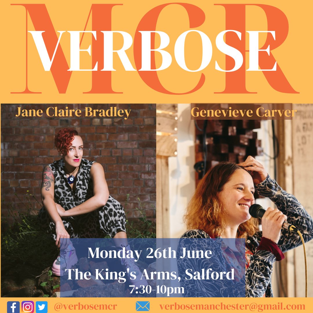 June !! We are so excited to have the wonderful Jane Claire Bradley and @Gevicarver headlining on Monday 26th June 7.30pm at @kingssalford Open mic sign up open at verbosemanchester@gmail.com Snap up a ticket 🎟️ here eventbrite.com/e/646407962617