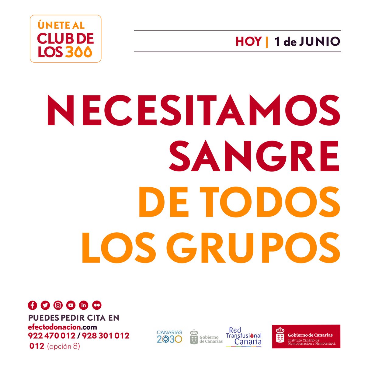 🔴🔴🔴 Atención #Canarias Necesitamos sangre de todos los grupos para atender la demanda hospitalaria

#DonaSangre antes del fin de semana y haz RT

📲 Ven directamente o pide cita: 012 -opción 8 | bit.ly/citadonacion
📍 bit.ly/PuntosExtracci…
🏥 bit.ly/PuntosFijosIchh