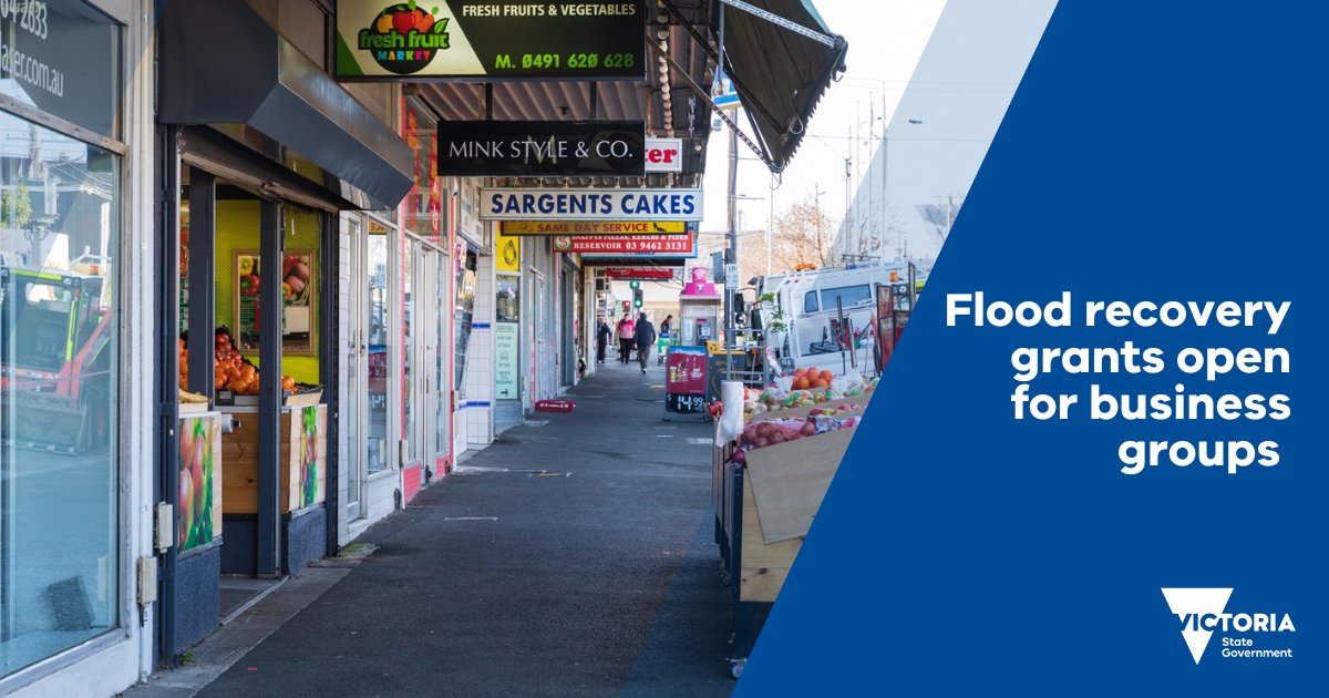 Businesses affected by Victorian floods can access immediate support, information, and 1:1 business
relief advice to help with recovery. 
Register online: business.vic.gov.au/reliefservice