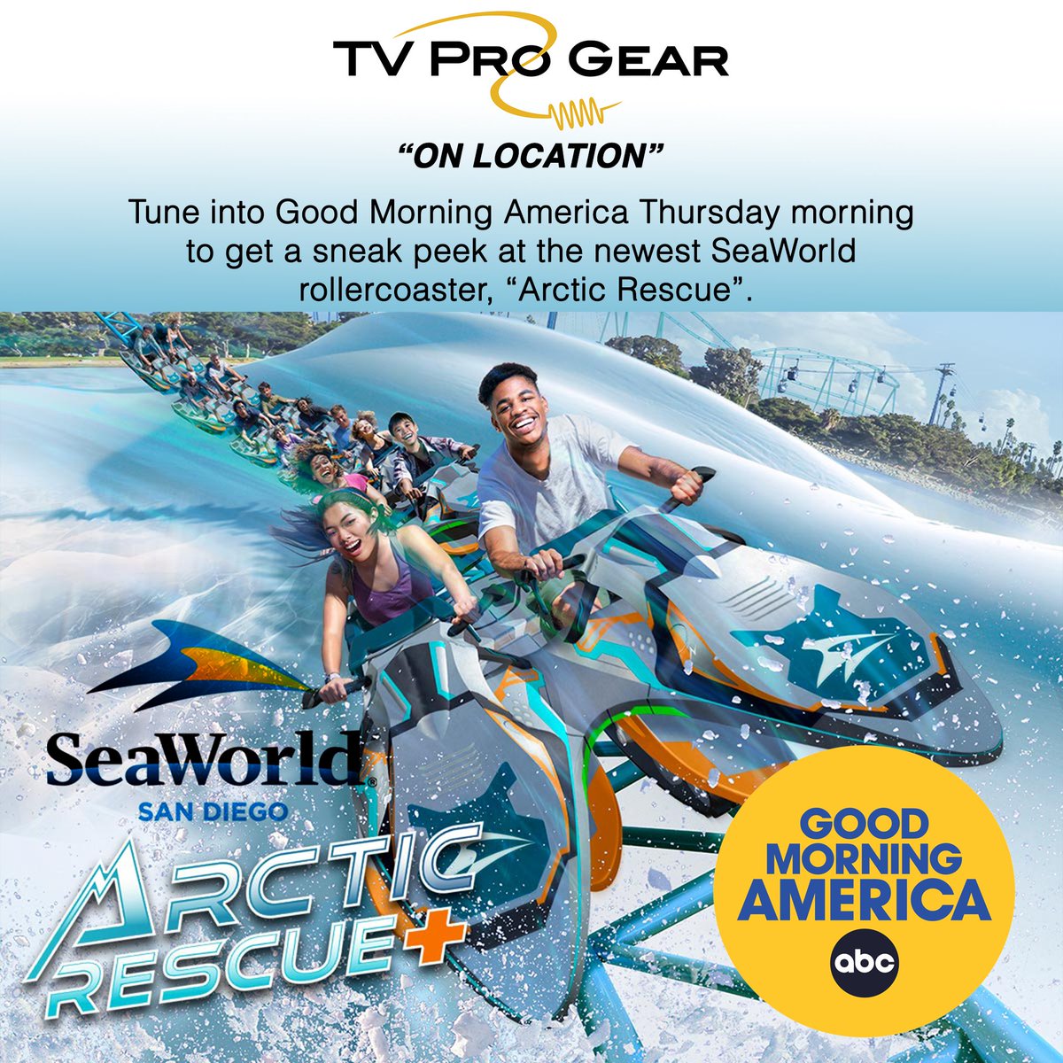 Tune in to Good Morning America tomorrow morning June 1st at 7:00 am. The TV Pro Gear team will be filming the premiere of SeaWorld's newest rollercoaster, Arctic Rescue. Set your DVR or watch it live. #TVProGear, #FlyPack, #GoodMorningAmerica