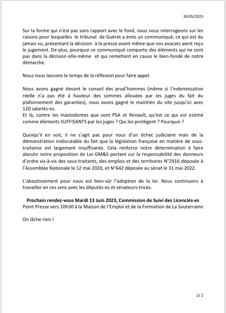 🔴Notre réaction suite au rendu de la décision du tribunal de Gueret dans le procès qui nous oppose à Renault et PSA ⤵️