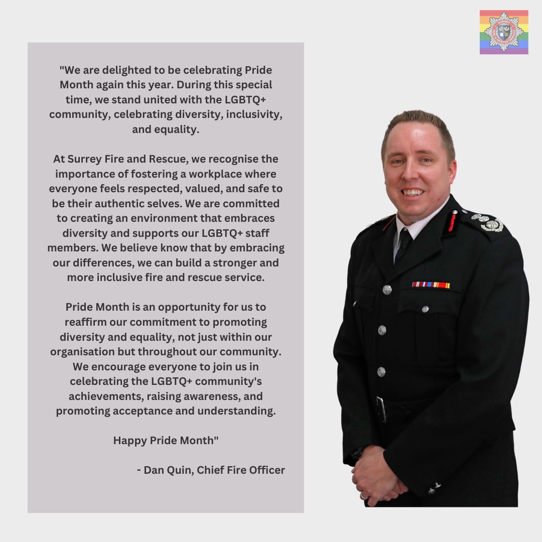 Today marks the beginning of Pride Month: a celebration of Diversity &amp; Inclusion, raising awareness and increasing visibility.🏳️‍🌈 

At Surrey Fire we are proud to stand with our LGBT+ community.🌈

Chief Fire Officer, Dan Quin has shared his thoughts below 👇 

#PrideMonth