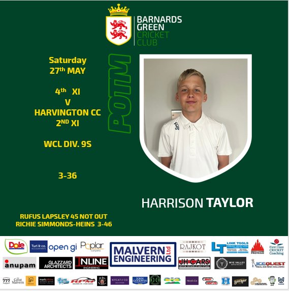 BGCC_Official's tweet photo. Player of the Match for the 4th XI was Harrison Taylor with 3-36 in our 5 wicket win over @HarvingtonCC

Richie Simmonds-Heins took 3-45 as the two young guns helped bowl out the visitors for 166. 41 from captain @L_3verett and 45no from Rufus Lapsley saw the Green home. https://t.co/TT43KBhZCU
